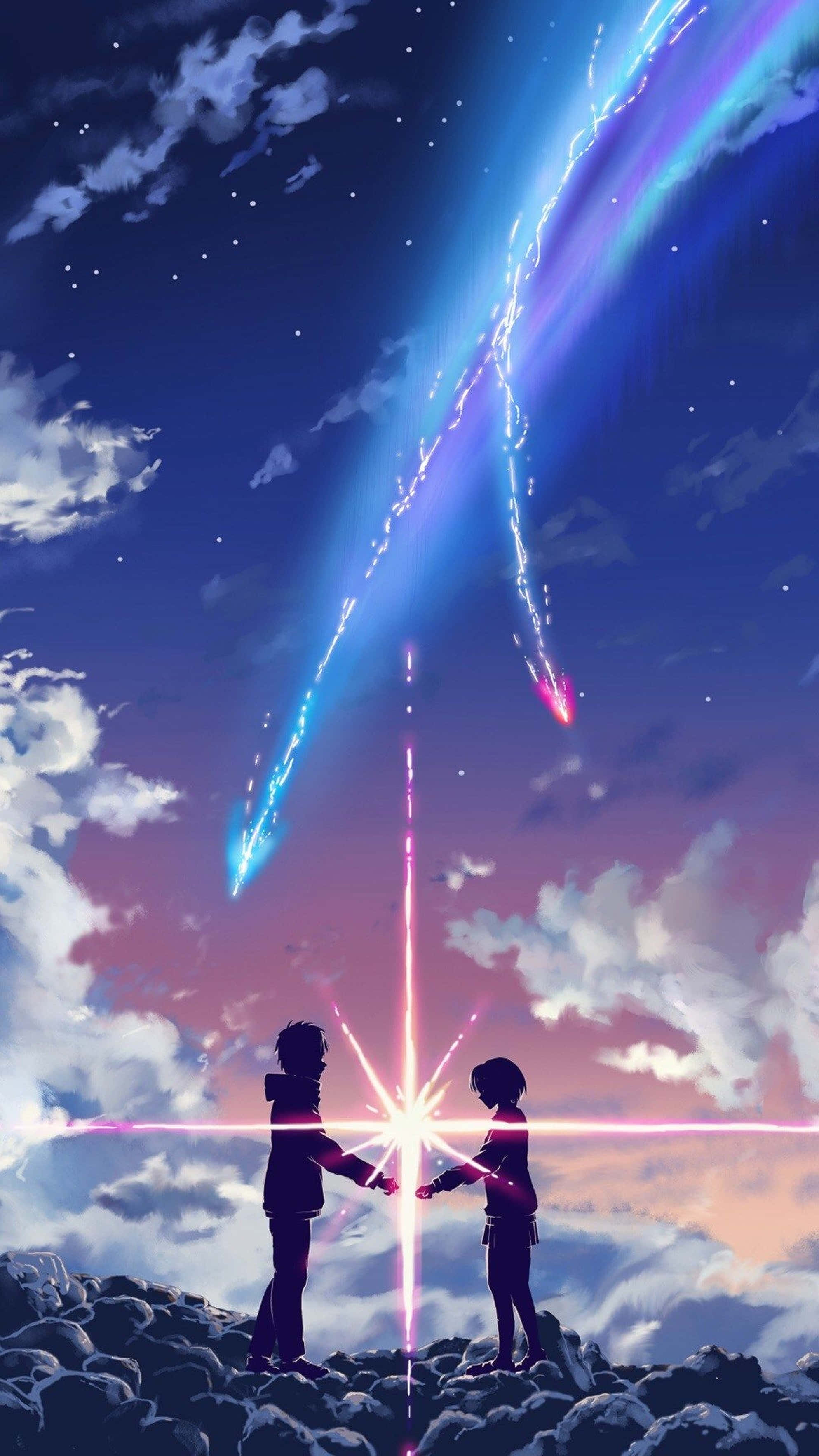 Dos personas tomadas de la mano en un acantilado mientras rayos cosmicos brillantes se encuentran sobre ellas. — Anime iPhone Fondos de pantalla
