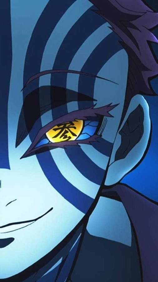 Personaje de anime con rayas azules y ojo marcado con kanji. — Anime Japonés Fondos de pantalla