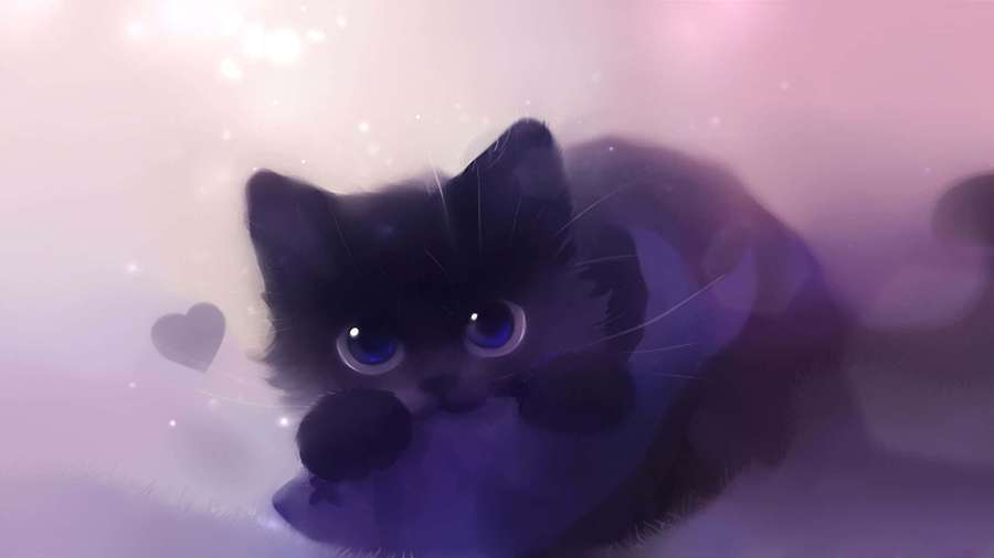 Ein schwarzes Kätzchen mit blauen Augen in einem traumhaften lila Schein mit schwebenden Herzen. — Anime-katze Wallpaper