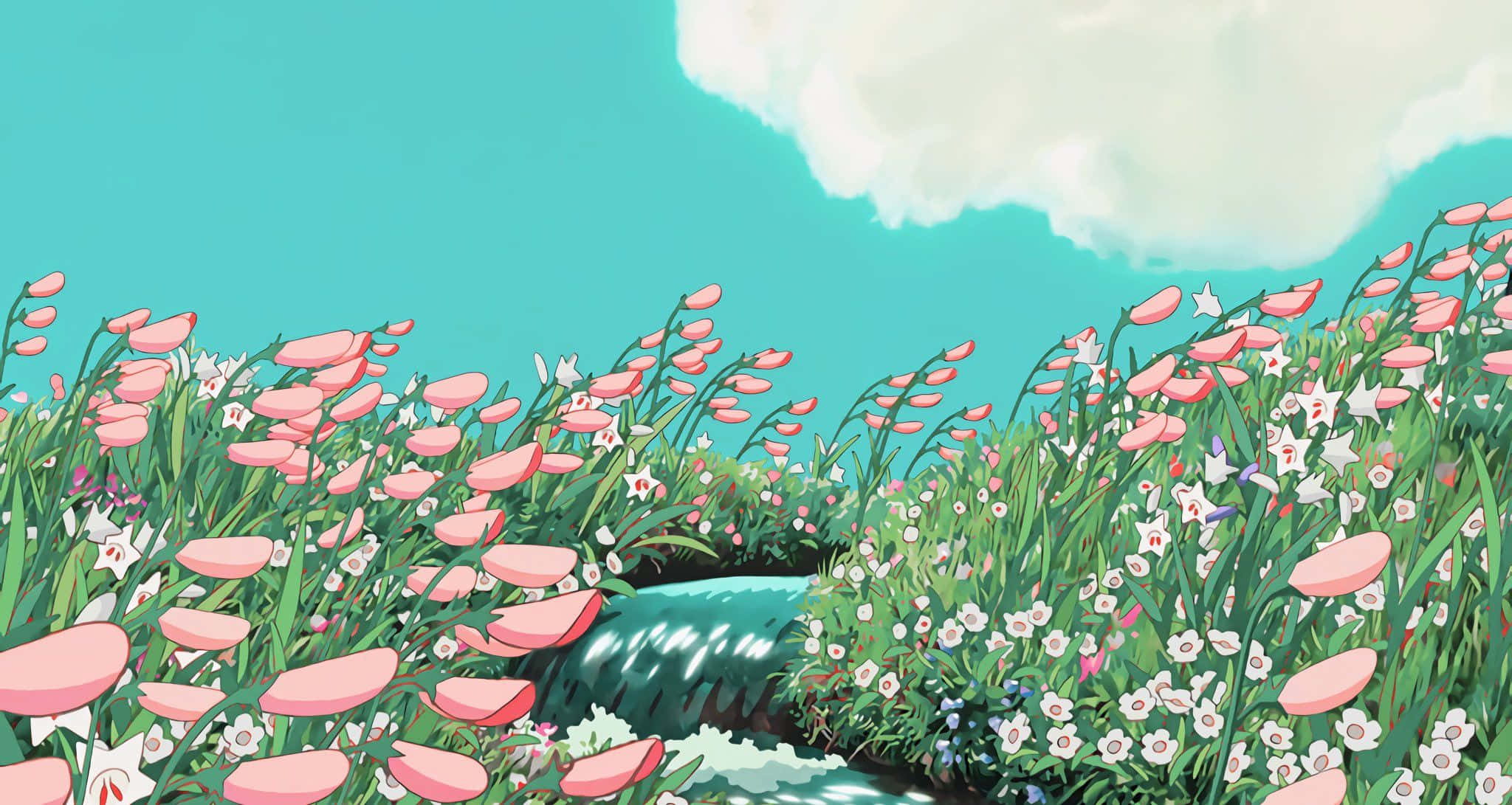 Ein Bach fließt durch ein Feld mit rosa und weißen Blumen unter einem türkisfarbenen Himmel. — Anime-landschaft Wallpaper