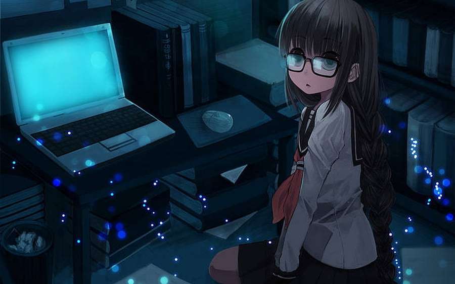 Anime girl with glasses sits beside glowing laptop in dark room with floating blue particles. — Anime Laptop Background