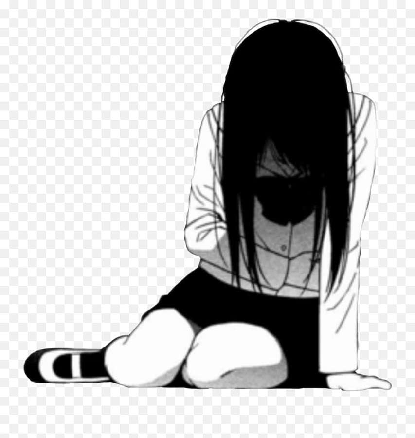 Anime-tyttö istuu lattialla pää alhaalla piilottaen kasvonsa pitkiin mustiin hiuksiin. — Anime Masennus Taustakuvat