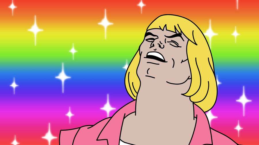Cartoon character with blonde hair grimacing against a rainbow starry background. — Anime Meme Background