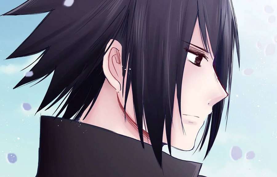 Personagem masculino de anime com cabelo preto e olhos vermelhos olhando de lado com pétalas de sakura flutuando ao redor. — Anime Profile Papéis de Parede