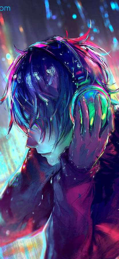 Anime character with glowing headphones in neon rain-soaked urban night scene. — Anime Rain Wallpaper