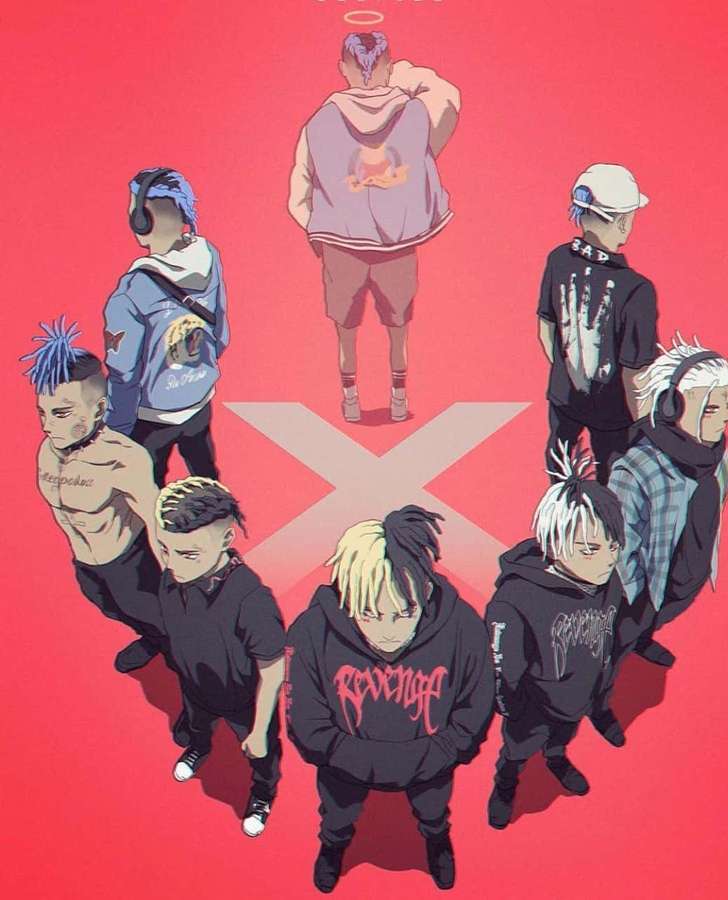 Sieben Anime-Charaktere mit Tattoos und einzigartigen Frisuren stehen um eine zentrale Figur mit einem Engels-Heiligenschein. — Anime Rapper Wallpaper