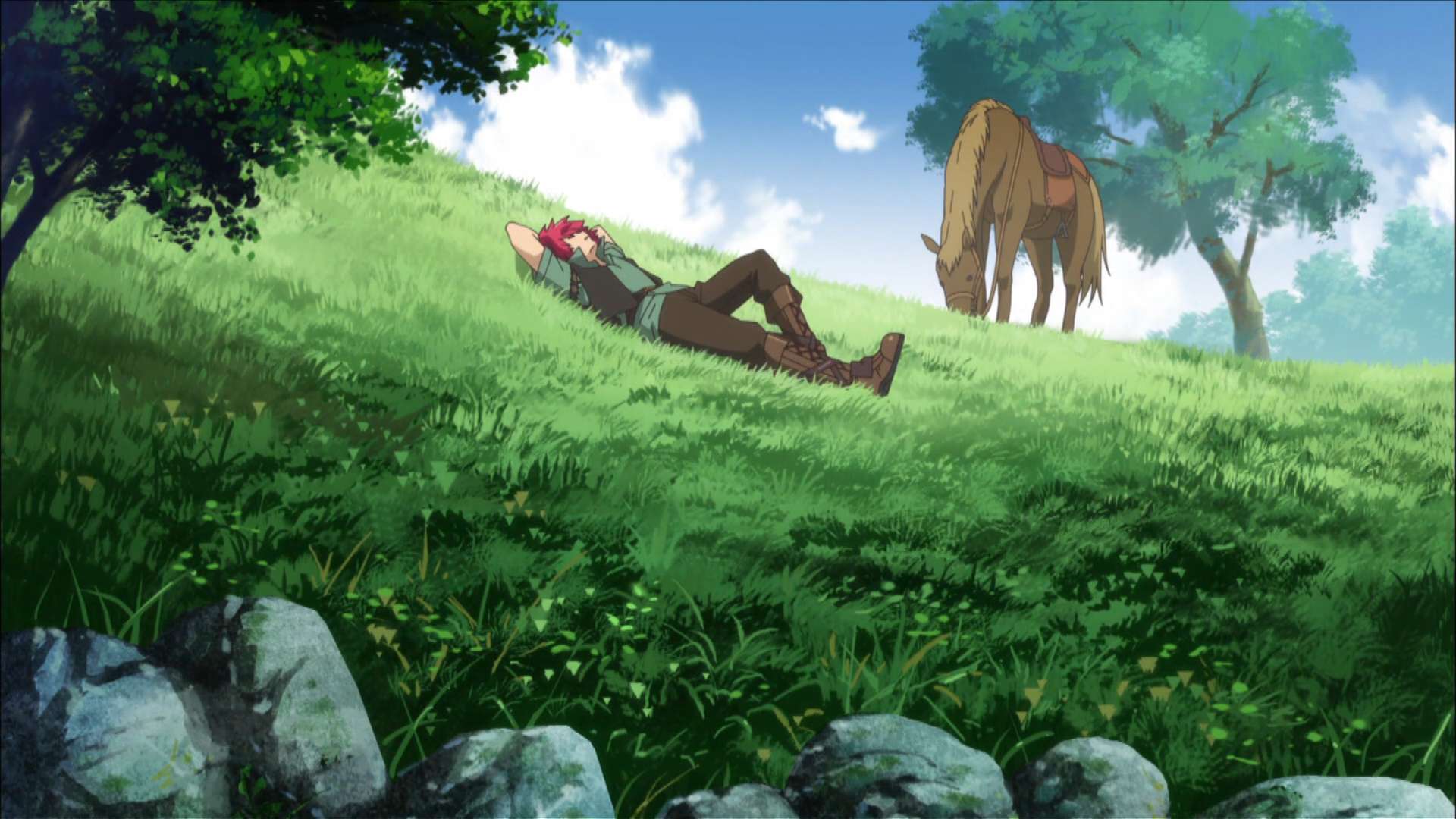 Anime girl lying on grass hill with horse grazing nearby under sunny sky — Anime Render PNG