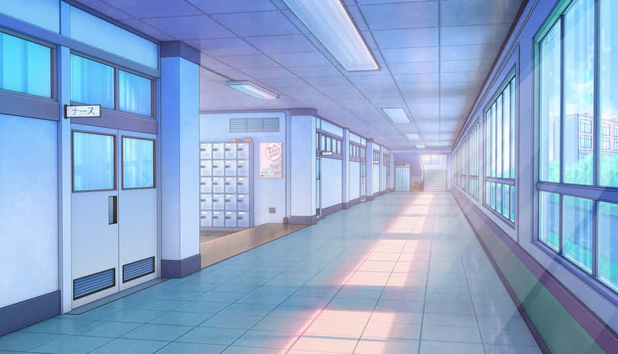 Anime school hallway with blue and pink lighting and windows — Anime School Background