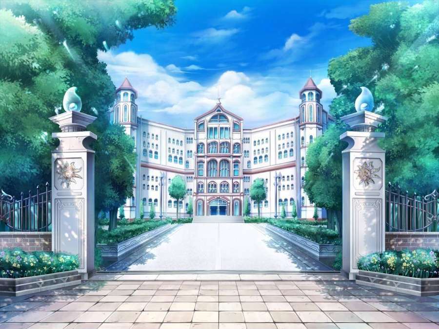 Anime school with red roofs and white walls behind ornate gates under blue sky. — Anime School Scenery Wallpaper
