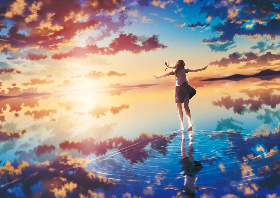 Chica de pie sobre el agua al atardecer con los brazos extendidos, nubes reflejadas abajo. — Anime Sunset Fondos de pantalla
