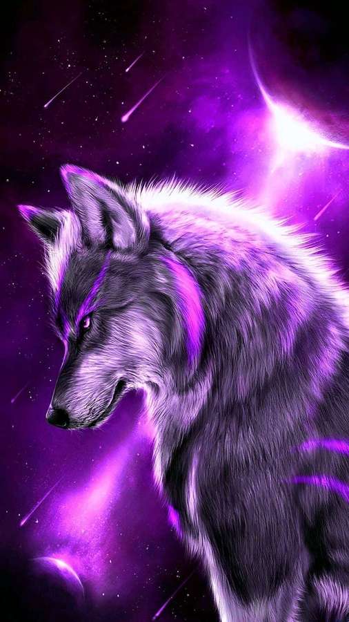 Ein Wolf mit leuchtend violettem Fell vor einem lebendigen kosmischen Hintergrund mit Sternen und Meteoren. — Anime wolf kunst Wallpaper