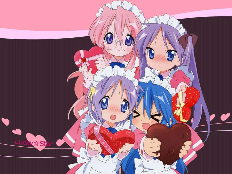 Four anime girls in maid uniforms holding heart gifts with floating hearts. — Animecore Picture