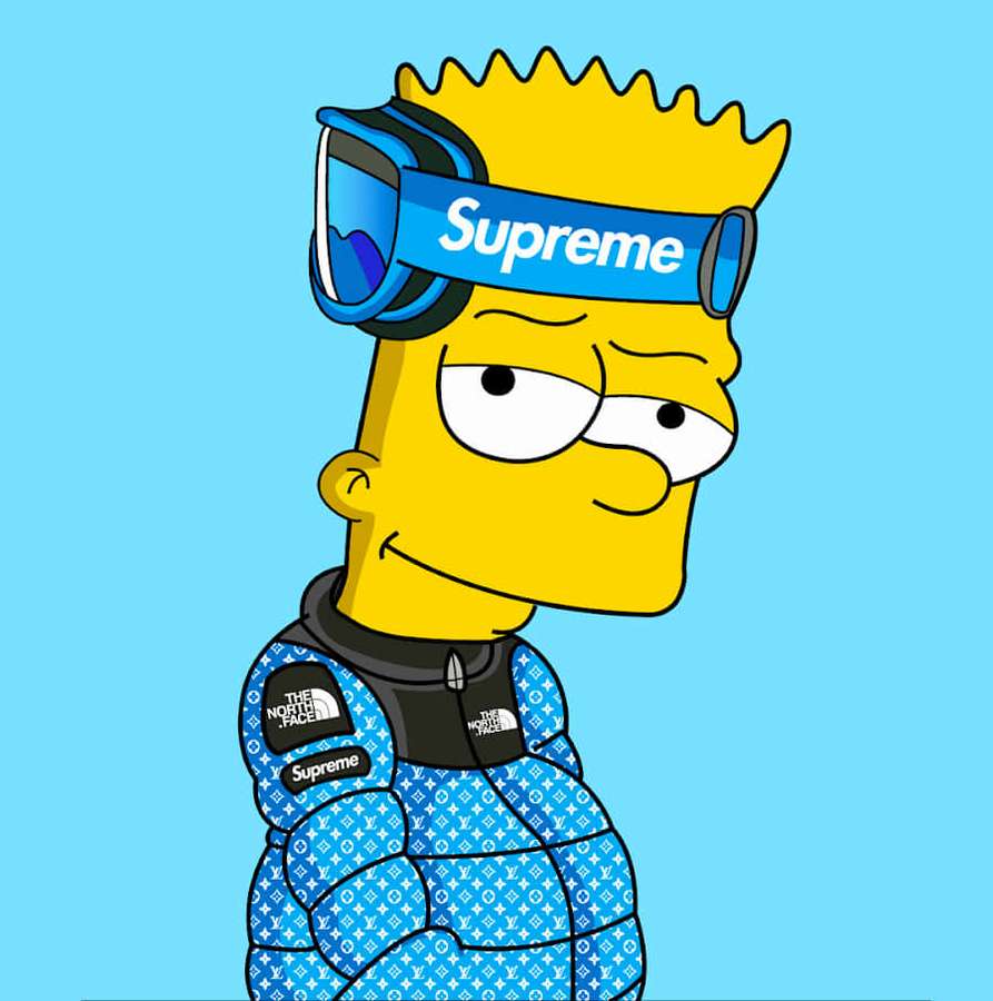 Bart Simpson trägt eine blaue Louis Vuitton Skijacke und Supreme-Brille. — Animiert Wallpaper
