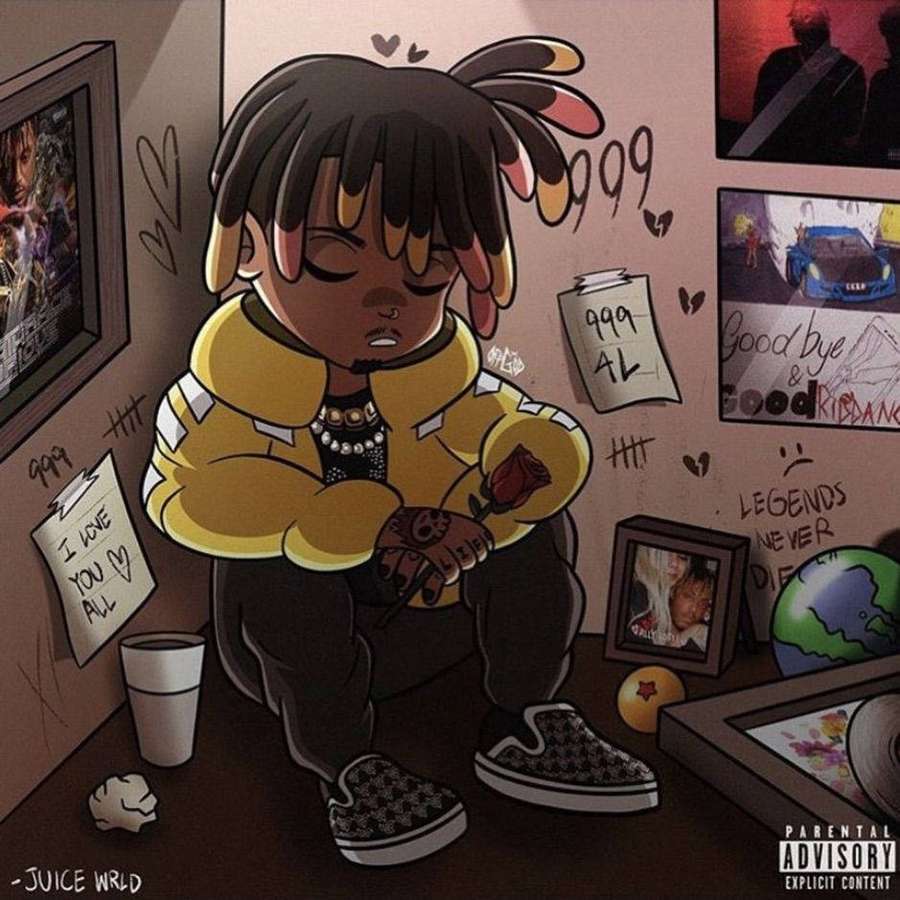 Sarjakuvapoika keltaisessa hupparissa istuu lattialla pitäen ruusua ympärillään muistoesineitä. — Animoitu Juice Wrld Taustakuvat