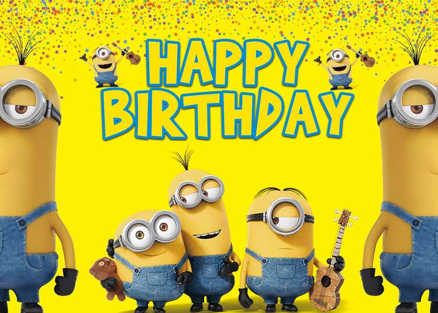Minions celebram um aniversário com violões e confetes em um fundo amarelo. — Aniversário do Minion Papéis de Parede
