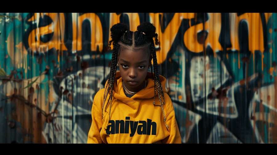 Junges Mädchen in gelbem Kapuzenpullover vor Graffiti-Wand. — Aniyah Wallpaper