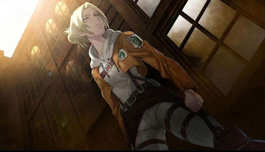 Anime soldier in brown uniform leaning against wooden structure with golden sunlight. — Annie Leonhart Wallpaper