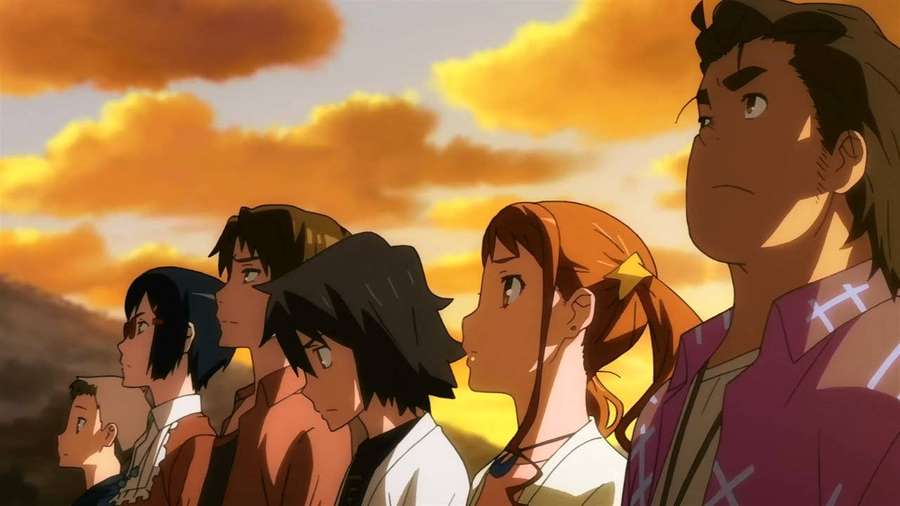 Personajes de anime de perfil mirando un cielo al atardecer. — Anohana Fondos de pantalla