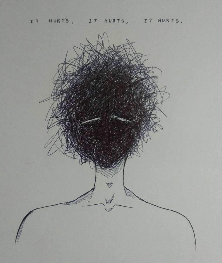 Una persona con una cabeza garabateada y el texto 'IT HURTS, IT HURTS, IT HURTS' arriba. — Ansioso Fondos de pantalla