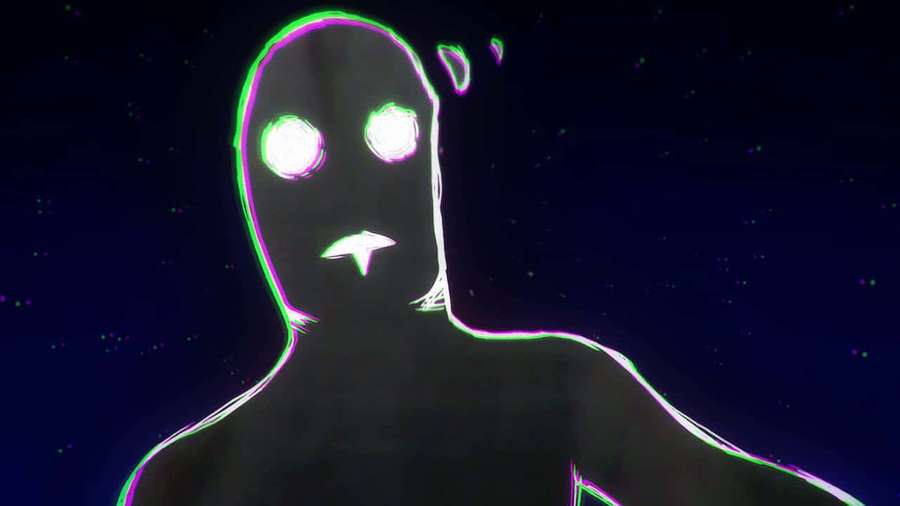 Neon glowing humanoid silhouette with glowing eyes against a starry night sky. — Anti Spiral Wallpaper