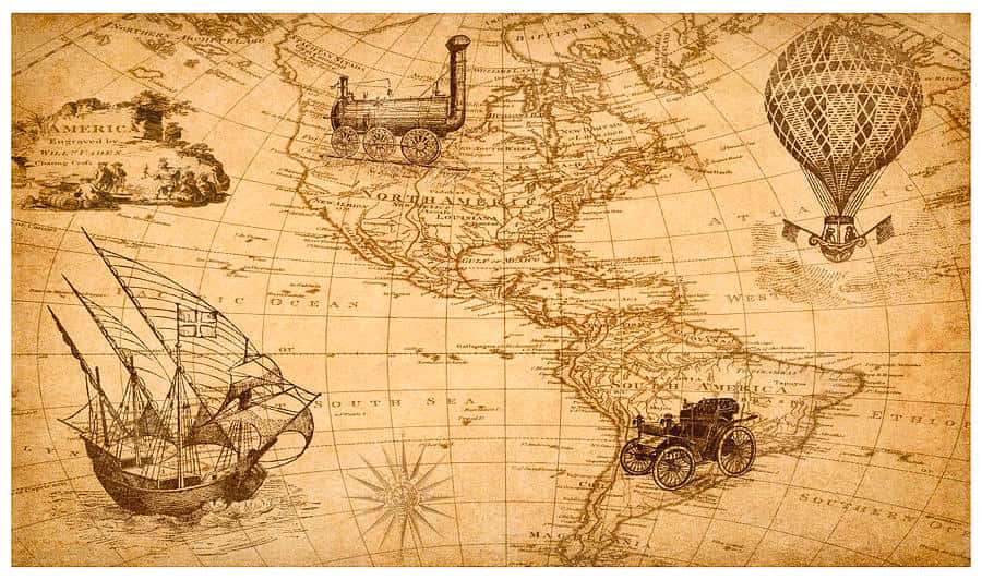 Historische Transportfahrzeuge auf einer Vintage-Weltkarte, darunter Dampflok, Segelboot, Heißluftballon und Automobil. — Antike Karte Wallpaper