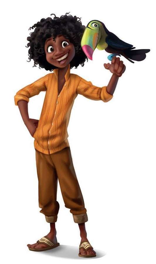 A happy animated boy with a toucan on his finger wearing orange shirt and brown pants. — Antonio Madrigal Background