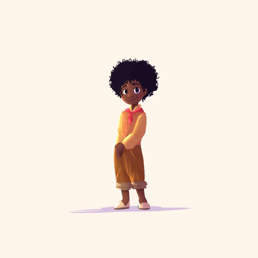 A smiling child with curly hair in a yellow sweater and brown pants. — Antonio Madrigal Wallpaper