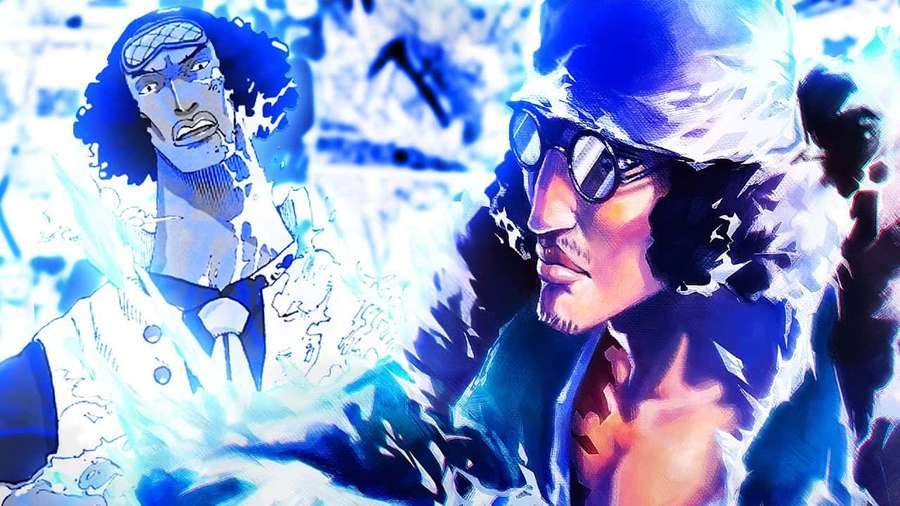 Two anime characters engaged in a high-energy battle with glowing blue effects. — Aokiji Wallpaper