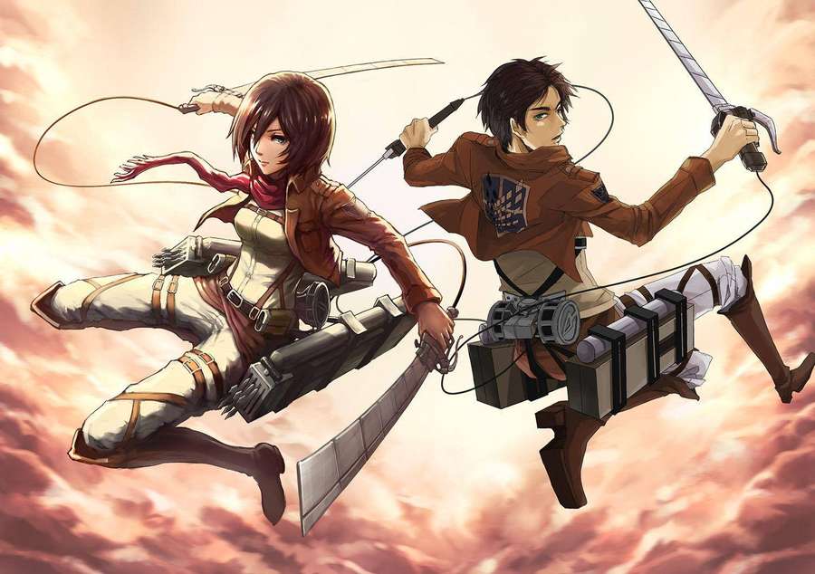 Two anime characters in combat gear flying through a sunset sky with swords. — Aot Wallpaper