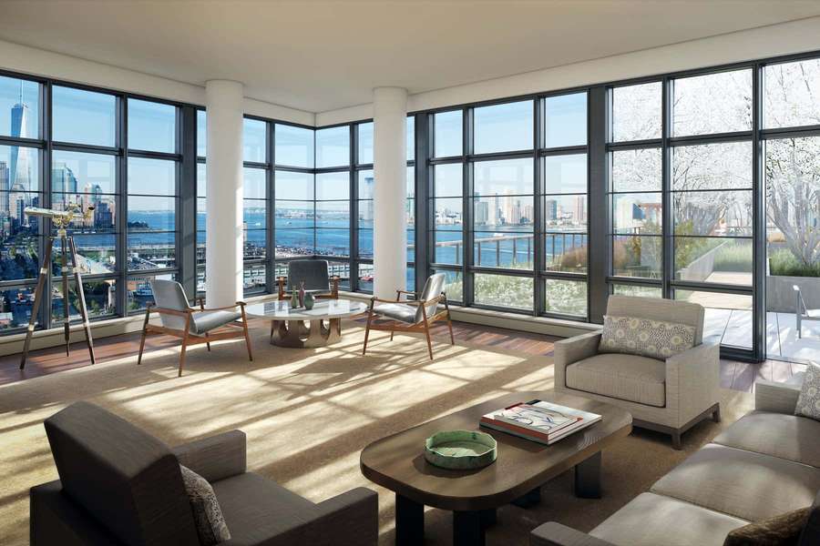 Luxury penthouse living room with panoramic city and water views through large windows. — Apartment Background