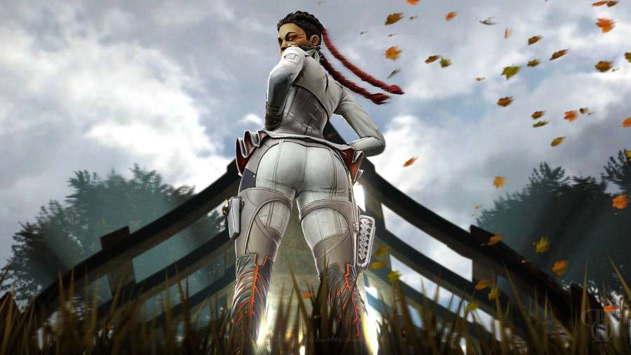 Futuristische Kriegerin in Rüstung auf einer Brücke zwischen fallenden Herbstblättern. — Apex Legends Bilder