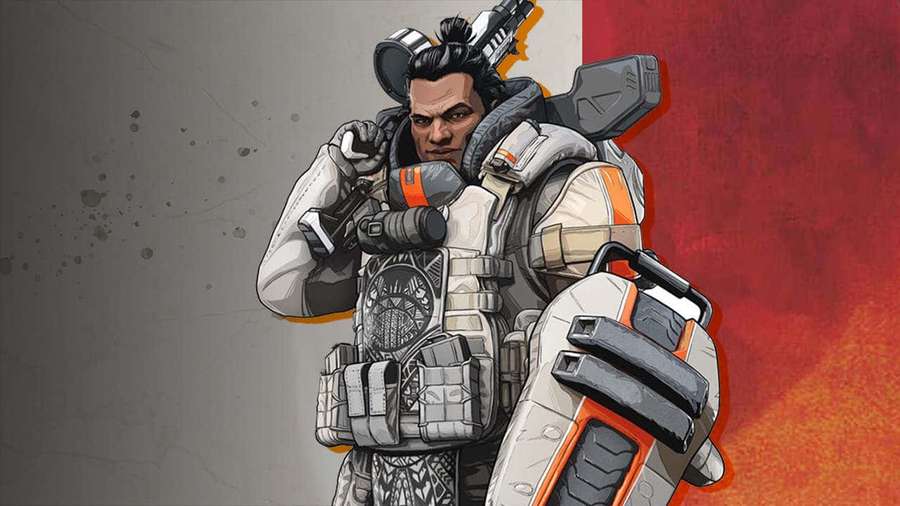 Soldado futurista en equipo de combate sosteniendo armas contra fondo rojo y gris. — Apex Legends Gibraltar Fondos de pantalla