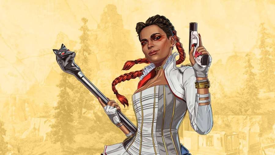 A female anime character in combat gear holding a staff and pistol in a forest. — Apex Legends Loba Wallpaper