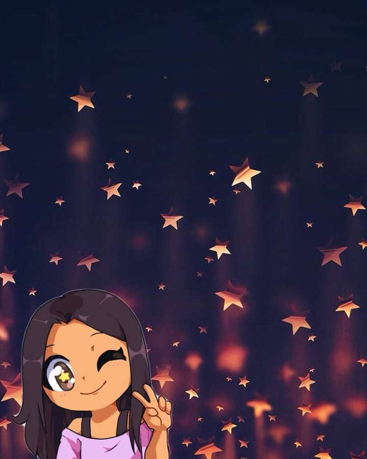 Anime girl smiling and making peace sign among falling golden stars at night. — Aphmau Background