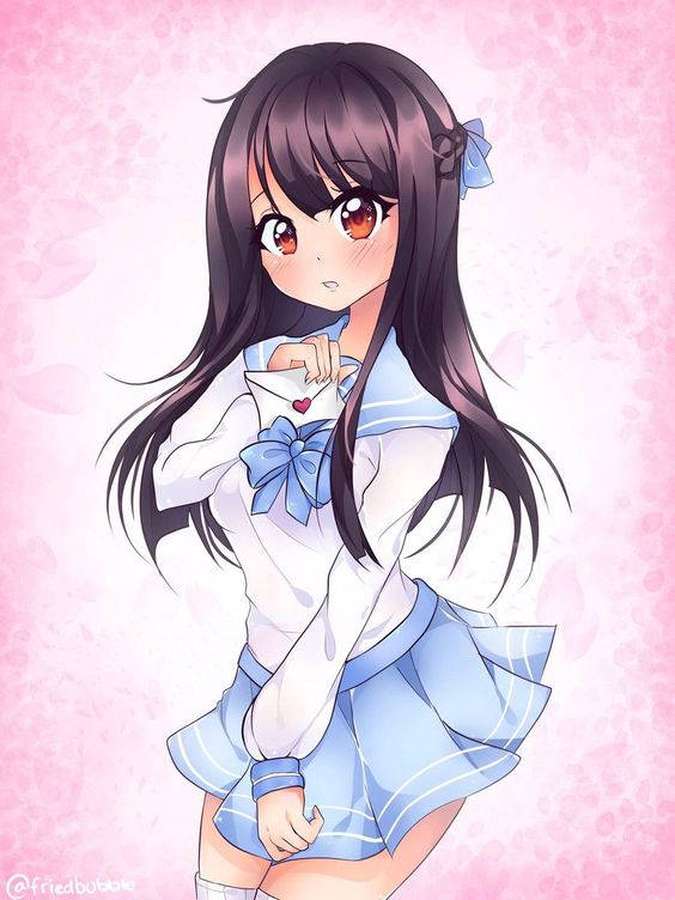 Anime-Mädchen in blauer Matrosenuniform hält einen Brief mit einem Herzen. — Aphmau Bilder