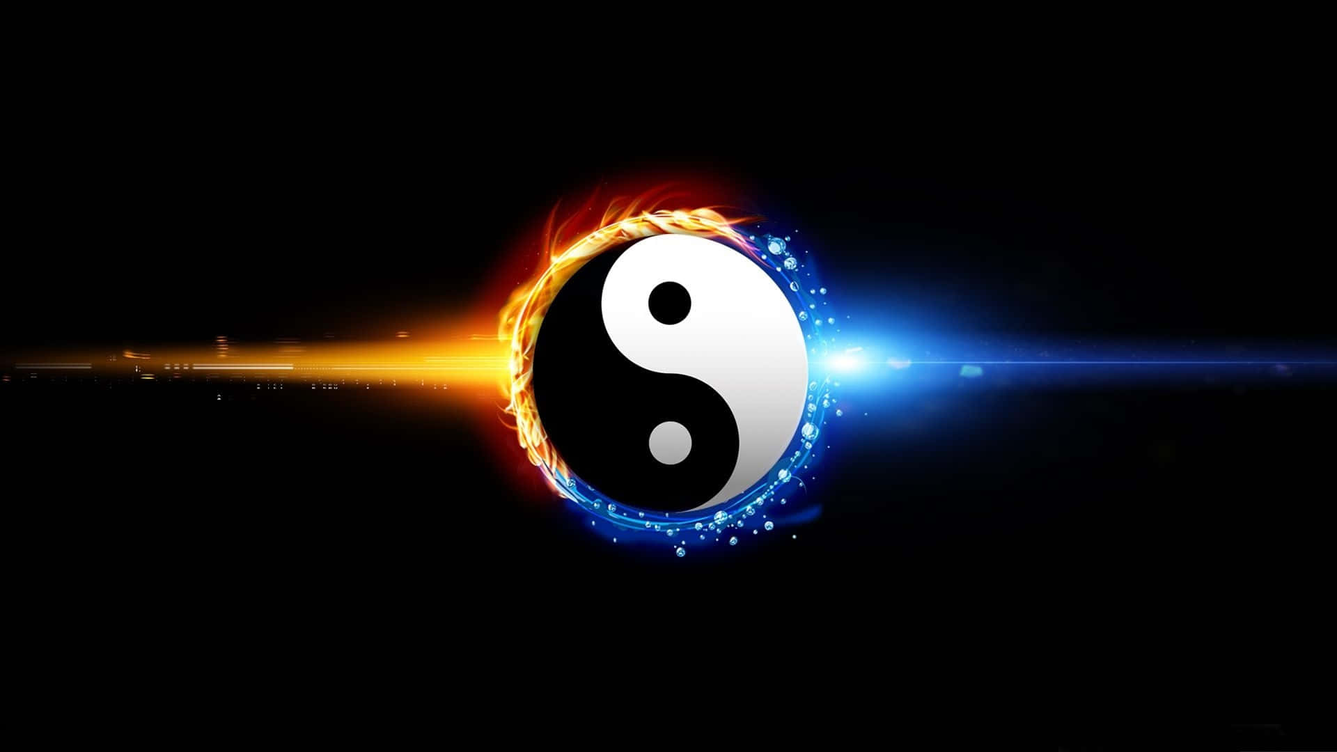 Simbol yin yang dengan efek energi oranye menyala dan biru elektrik di latar belakang hitam. — Api dan Air Wallpaper