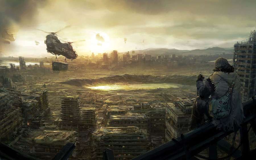 Una persona ve un helicóptero volar sobre una ciudad destruida al atardecer. — Apocalipsis Fondos de pantalla