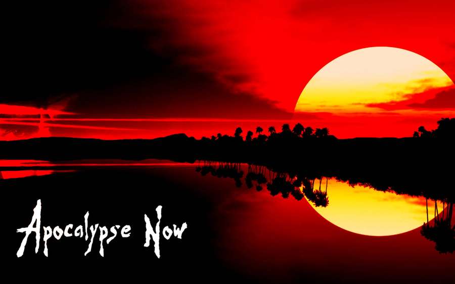 A red sunset over a lake with palm tree silhouettes and the text Apocalypse Now. — Apocalypse Now Wallpaper