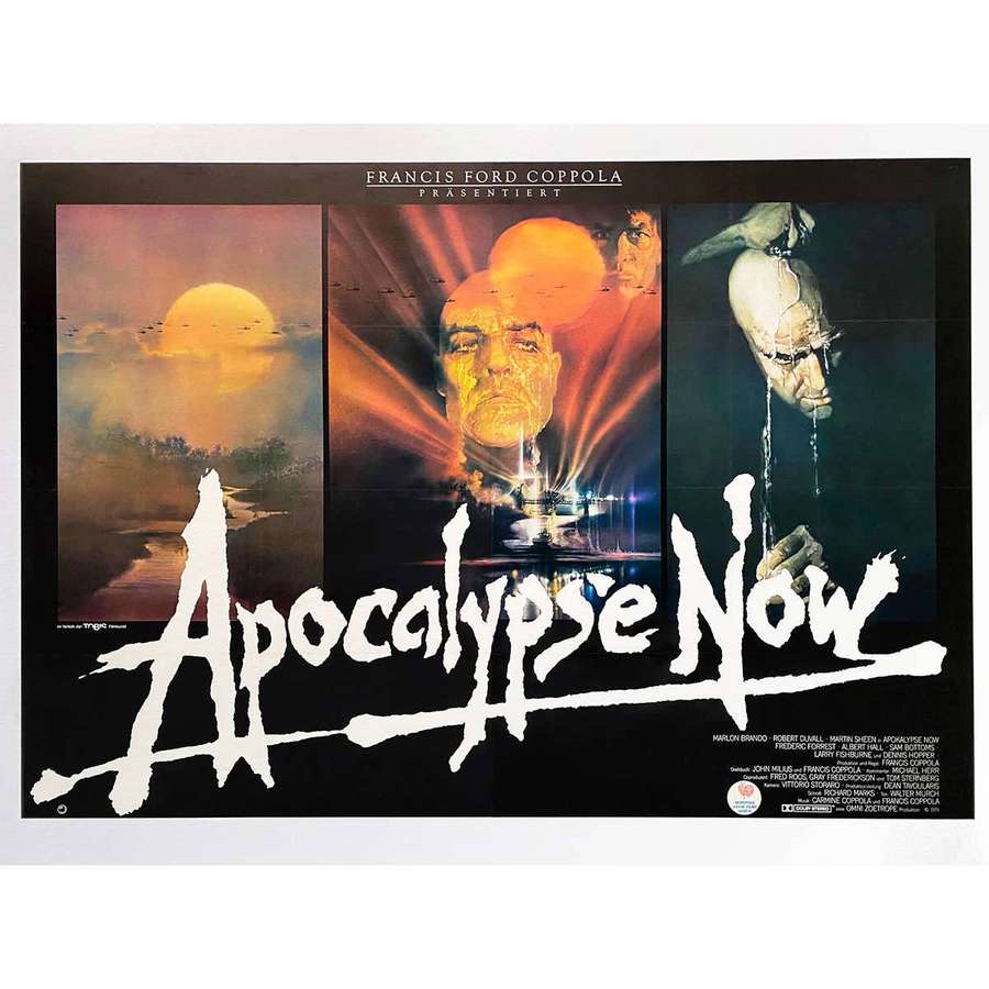 Apocalypse Now Filmplakat mit drei Tafeln, die Fluss, leuchtendes Gesicht und tropfenden Schädel zeigen. — Apokalypse Jetzt Wallpaper