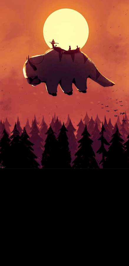Reiter auf einem fliegenden Dinosaurier vor einem Sonnenuntergang über einem Kiefernwald. — App avatar Wallpaper
