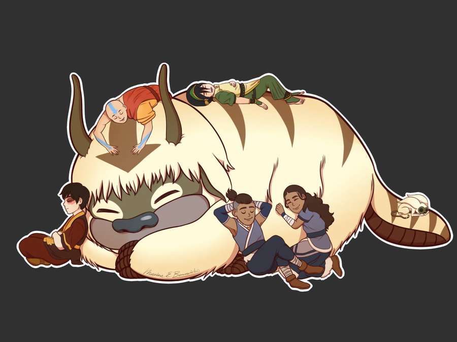 Four friends resting on a giant sleeping bison in an anime style. — Appa Picture
