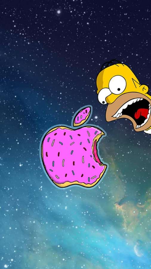 Homer Simpson jagt ein rosa glasiertes Donut Apple-Logo im Weltraum. — Apple Hintergrundbild