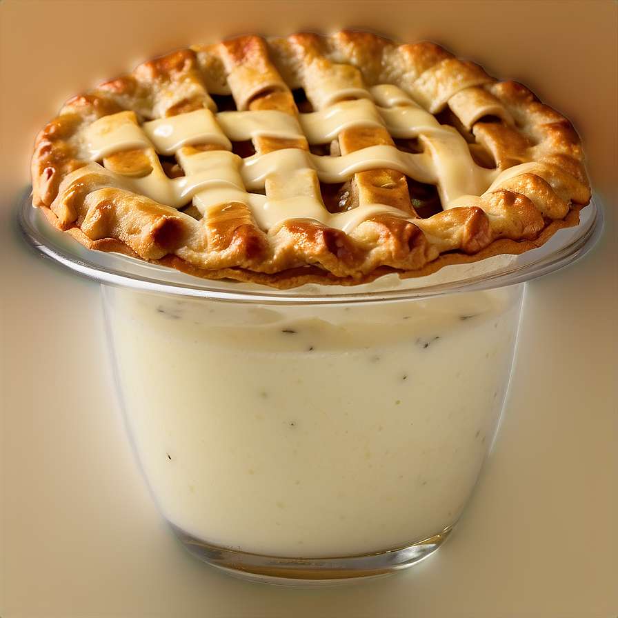 A golden lattice pie resting on creamy custard in a glass cup. — Apple Pie Wallpaper
