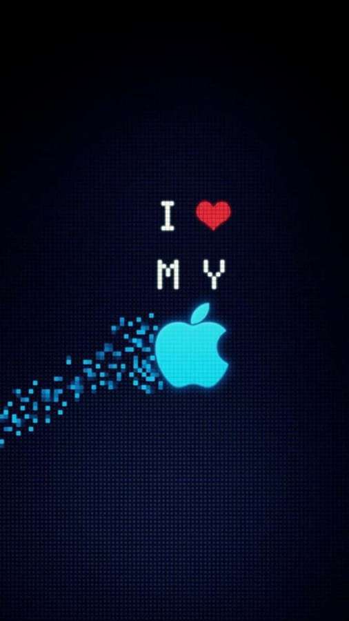Arte pixel che mostra 'I ❤️ MY' con un logo Apple luminoso che lascia particelle. — Apple Sfondi