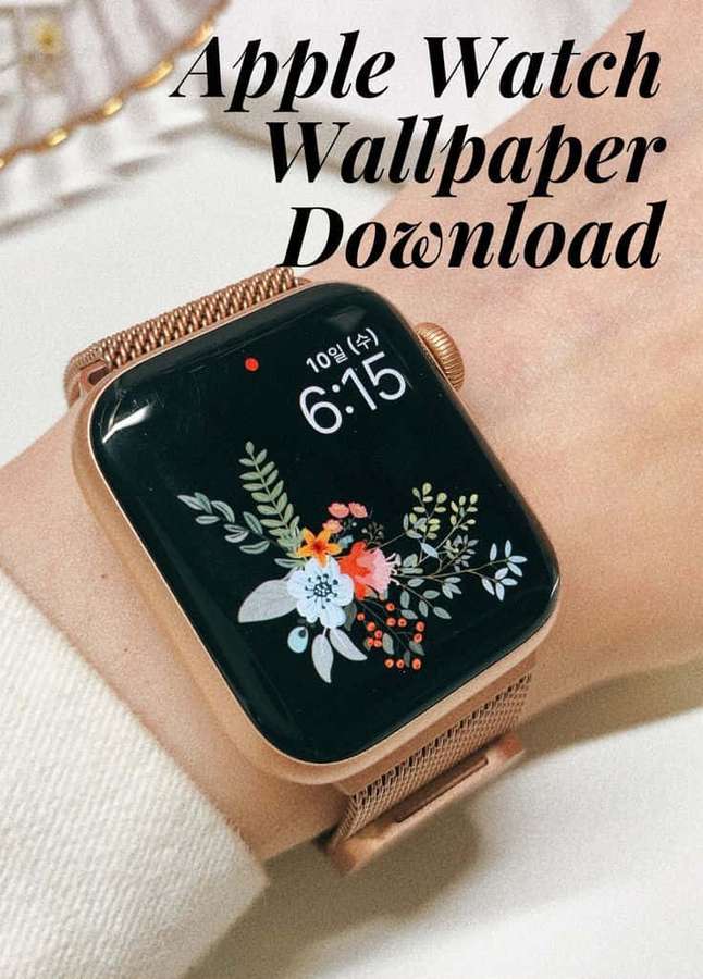 Nahaufnahme einer roségoldenen Apple Watch mit einem floralen Hintergrund am Handgelenk. — Apple uhr Wallpaper