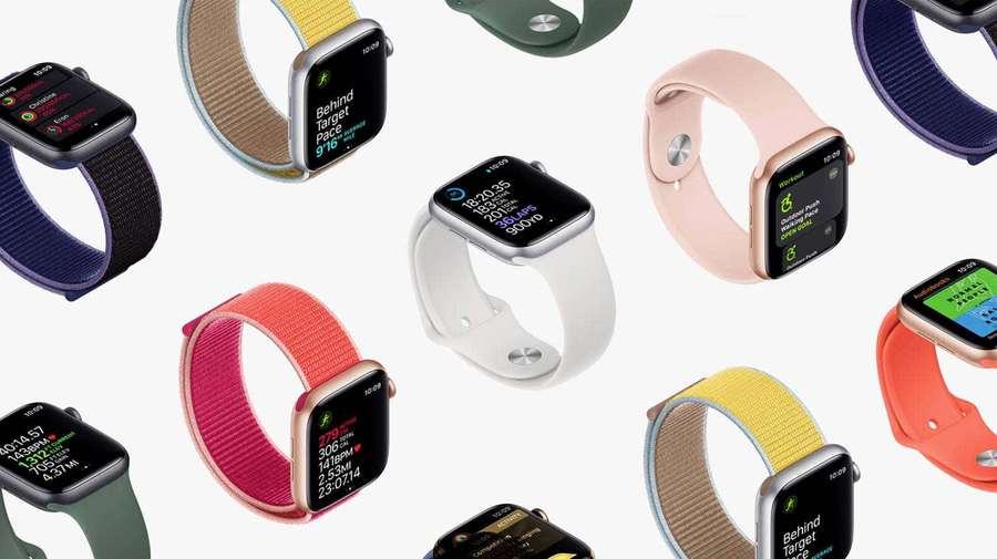 Multiple Apple Watches with assorted colored bands displayed in a floating arrangement. — Apple Watch Background