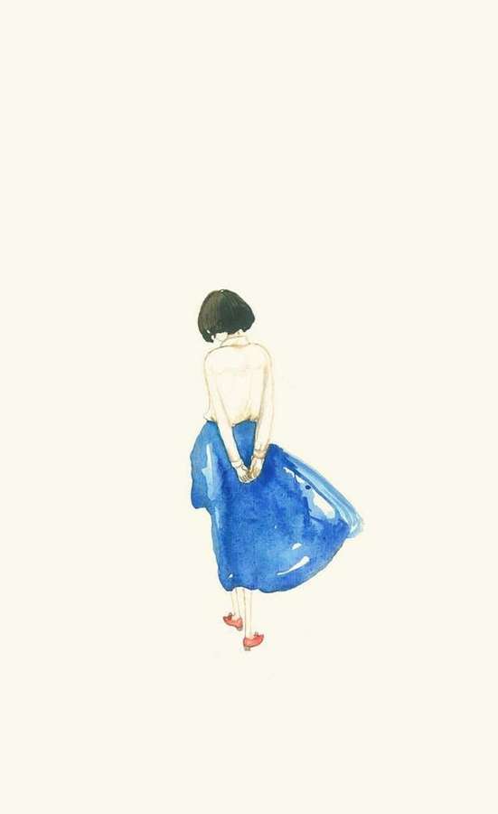 Eine Frau in einem blauen Kleid und roten Schuhen geht mit dem Rücken zum Betrachter davon. — Aquarellmalerei iPhone Wallpaper