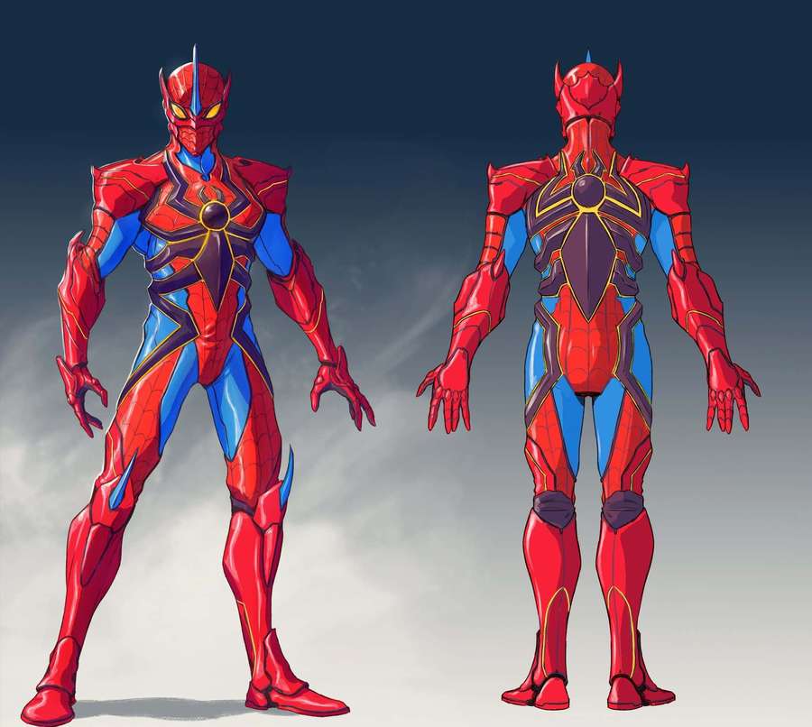 Two armored Spider-Man characters shown front and back view. — Arachnid Wallpaper