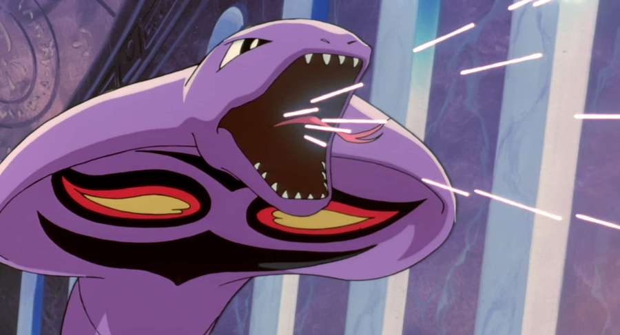 Serpente anime roxa liberando feixes de energia de sua boca em um ataque dramático. — Arbok Papéis de Parede
