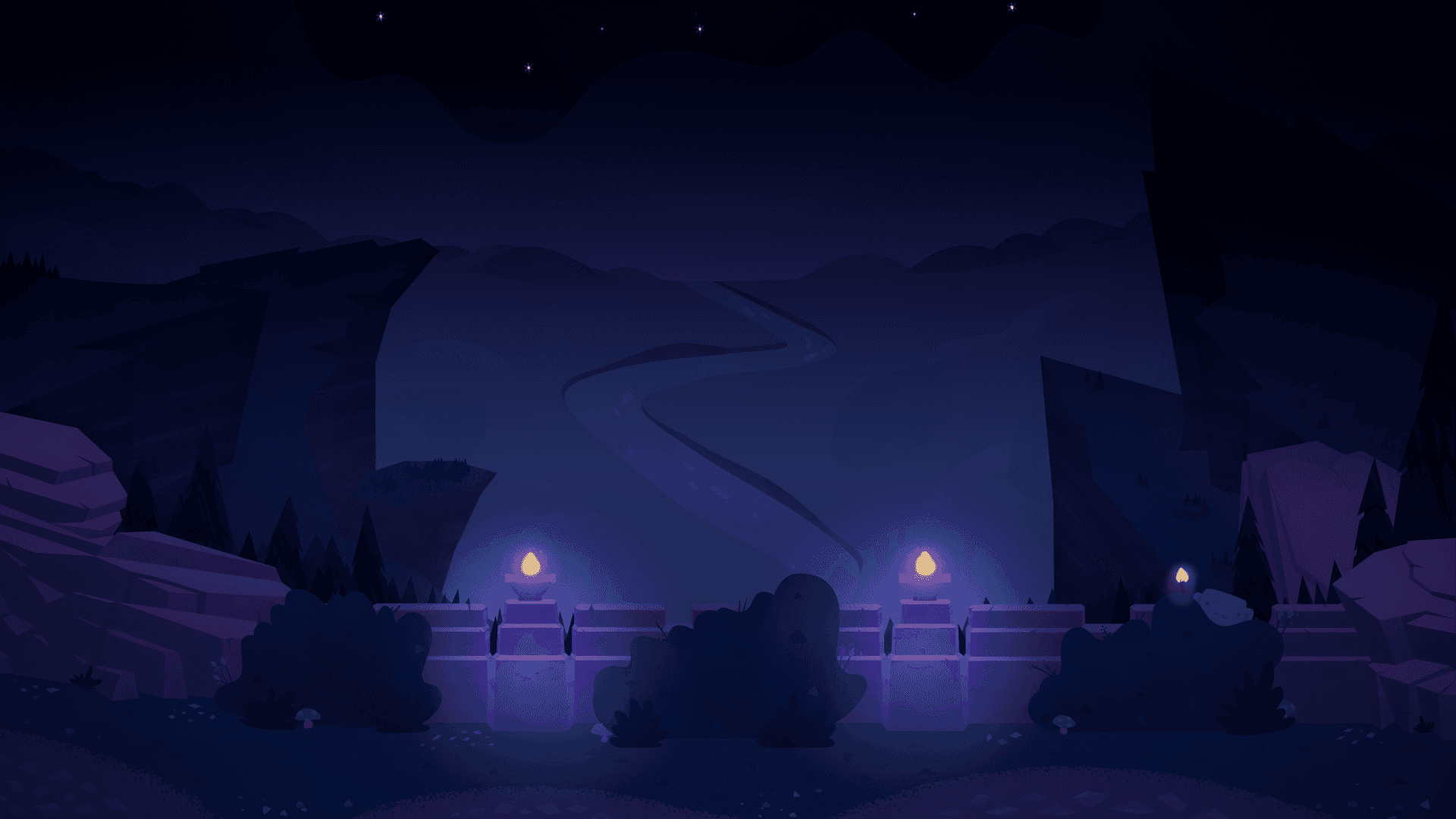 Faroles brillantes iluminan un puente de piedra sobre un río por la noche en un paisaje montañoso. — Arbusto Fondos de pantalla